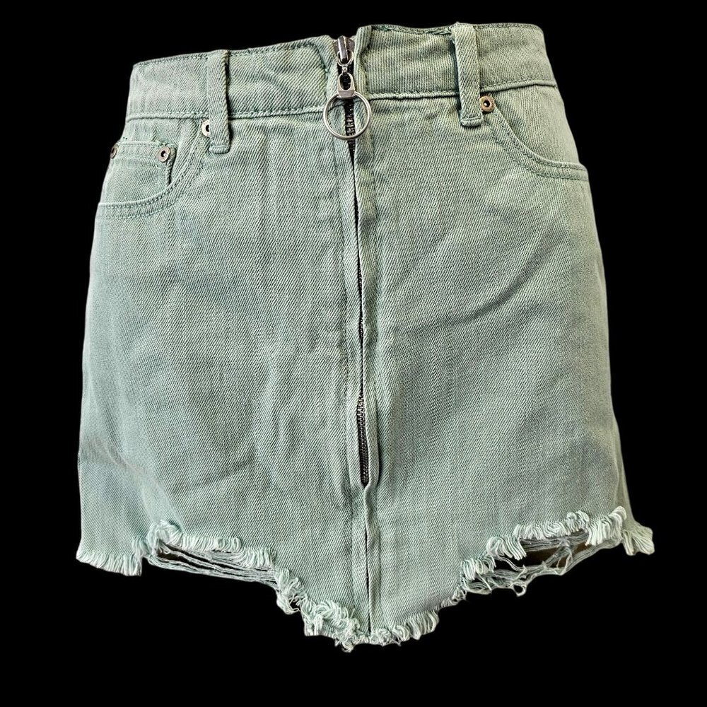 Dance&Marvel Teal Denim Skirt Distressed Asymmetric Hem Full Zip Womens S NEW